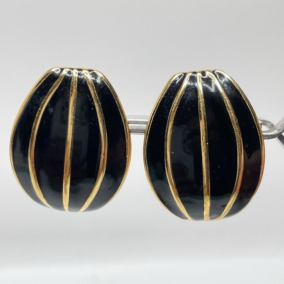 Vintage Napier Gold Tone Black Enamel Half Ball Oval Chunky Pierced Earrings - Picture 1 of 7